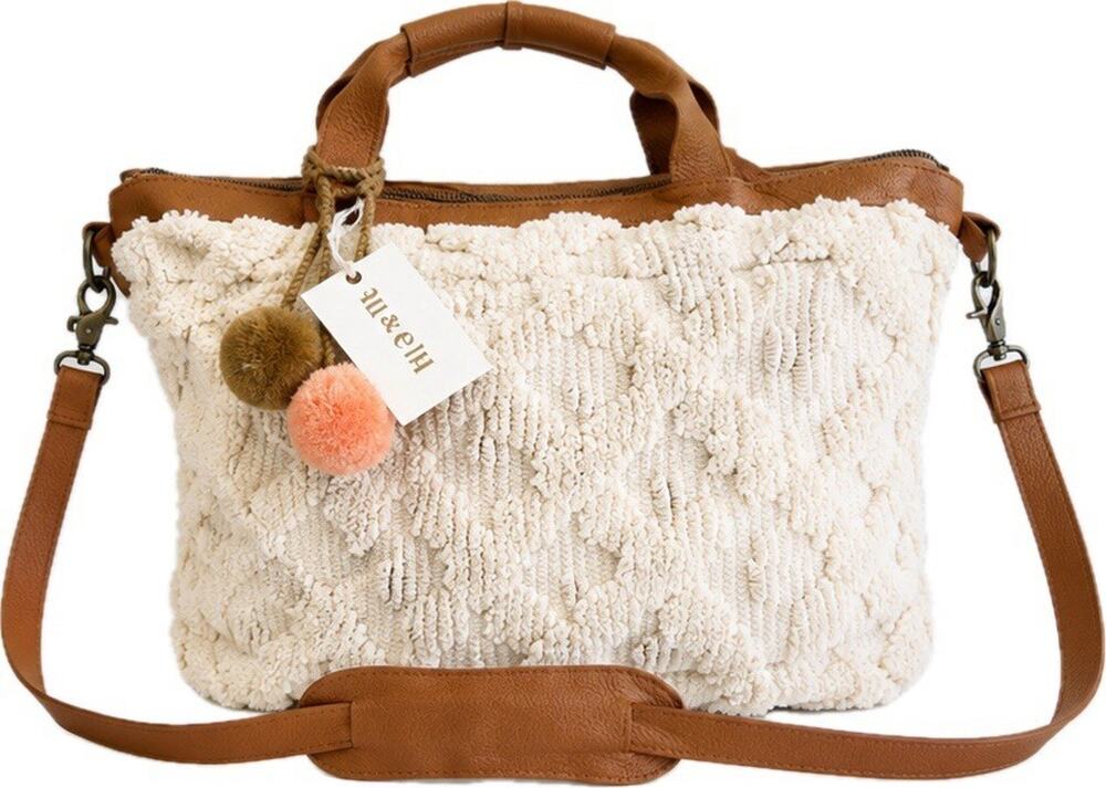 LU & ELLE CREAM COTTON TEXTURED TOTE CROSSBODY BAG BROWN LEATHER POM POM